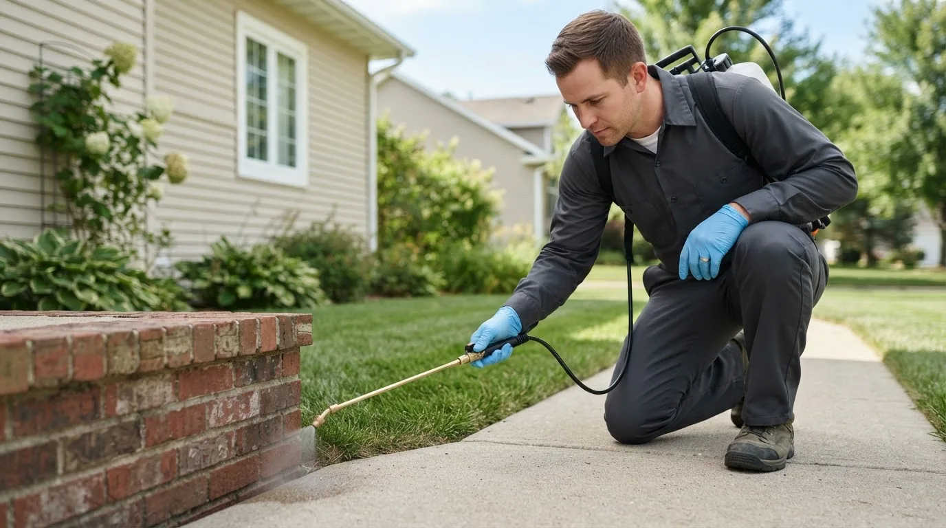 Pest control technician treating a home near Glenfield, ND