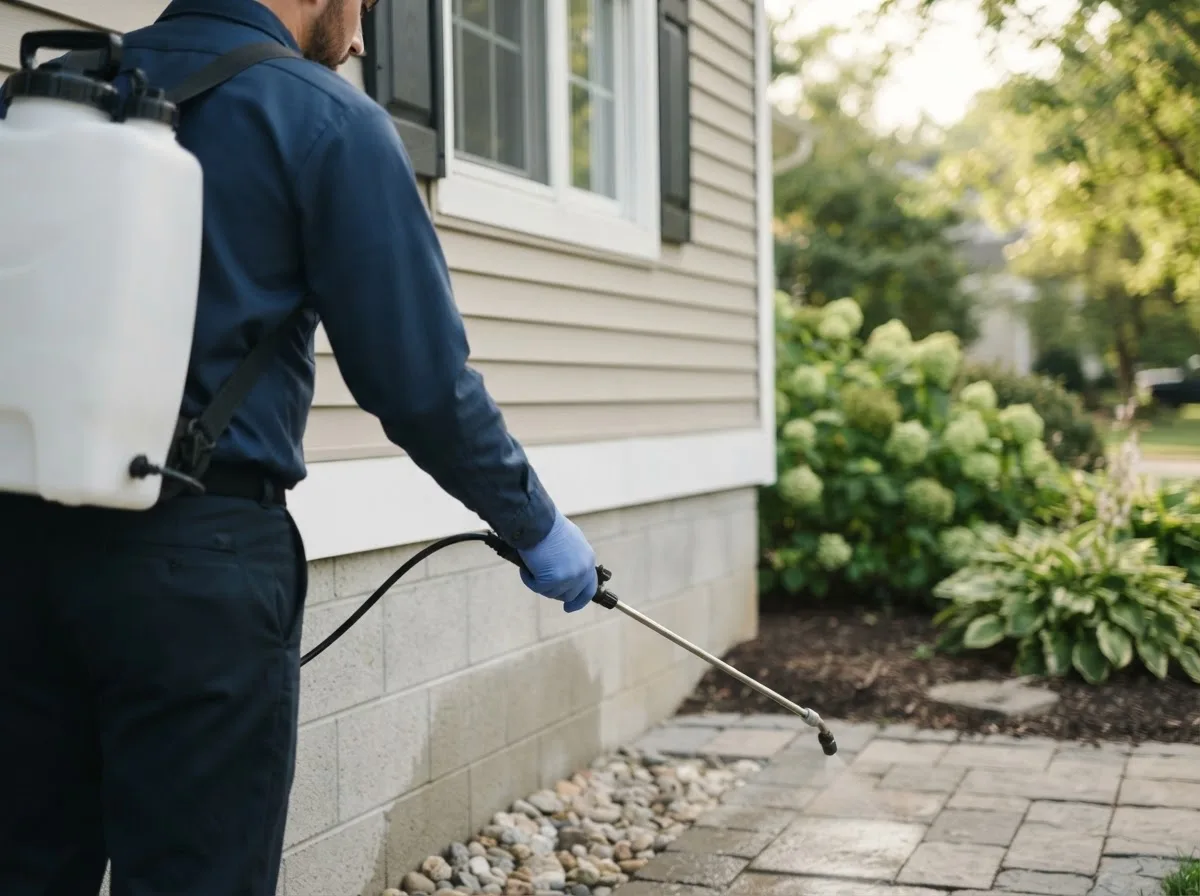 Pest control technician inspecting a home in Glenfield, ND